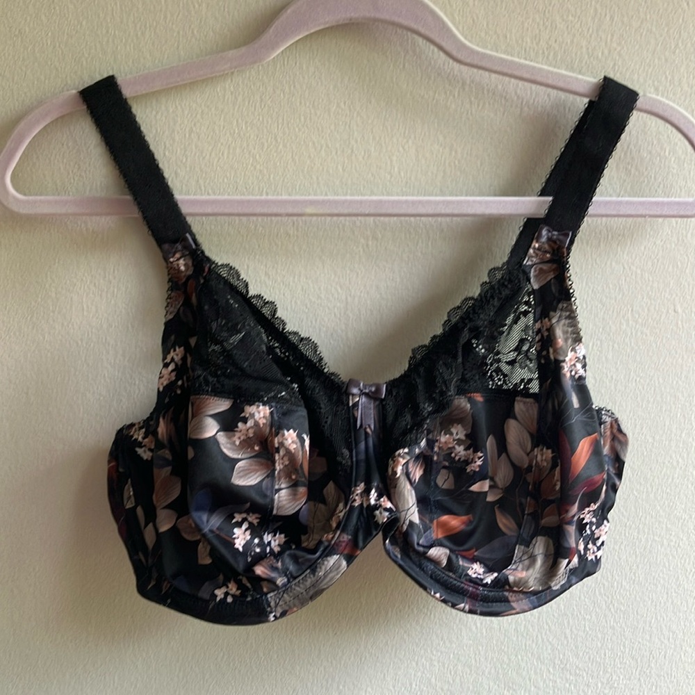 Elomi Size 36I Black Dark Floral Satin Lace Full Coverage Underwire Bra
